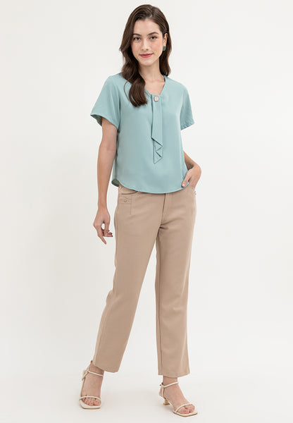 Krizia Frill tie with Pearl Beading V-neck Blouse Top