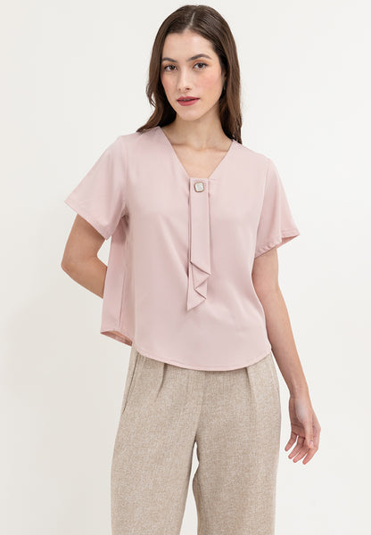 Krizia Frill tie with Pearl Beading V-neck Blouse Top