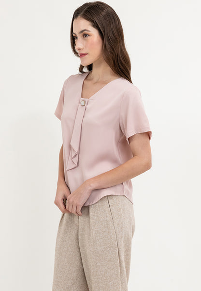 Krizia Frill tie with Pearl Beading V-neck Blouse Top