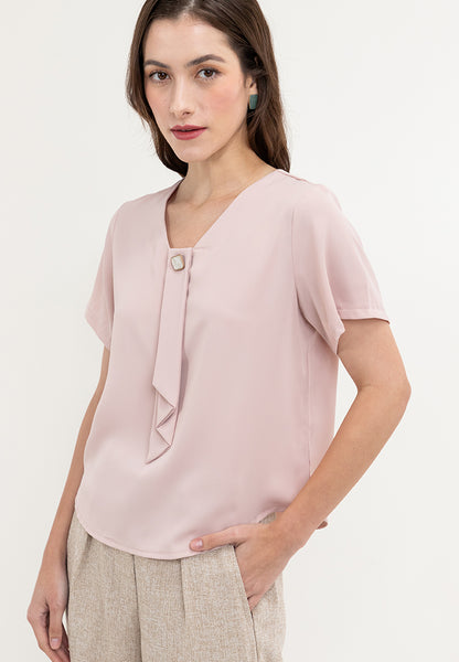 Krizia Frill tie with Pearl Beading V-neck Blouse Top