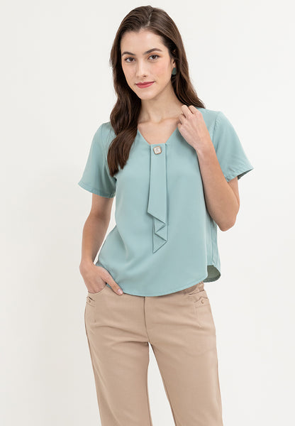 Krizia Frill tie with Pearl Beading V-neck Blouse Top