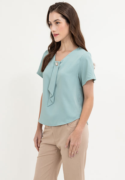 Krizia Frill tie with Pearl Beading V-neck Blouse Top