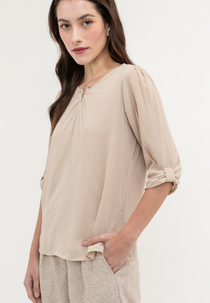 Krizia V-Neck Pearl Detail 3/4 Sleeve Top Blouse