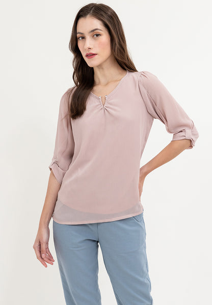 Krizia V-Neck Pearl Detail 3/4 Sleeve Top Blouse