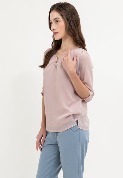 Krizia V-Neck Pearl Detail 3/4 Sleeve Top Blouse