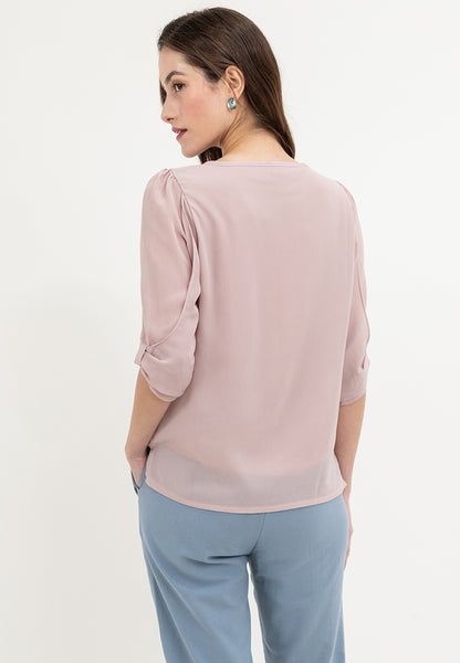 Krizia V-Neck Pearl Detail 3/4 Sleeve Top Blouse