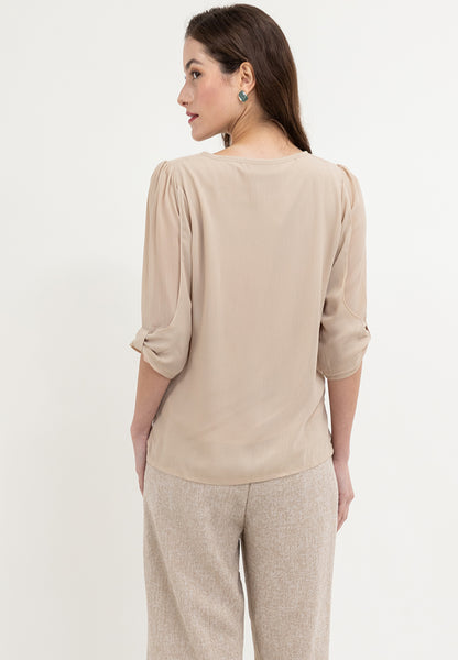 Krizia V-Neck Pearl Detail 3/4 Sleeve Top Blouse