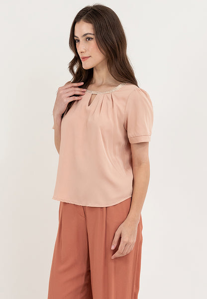 Krizia Casual Cut Out Keyhole Pleated Ribbing Round Neck Blouse Tops