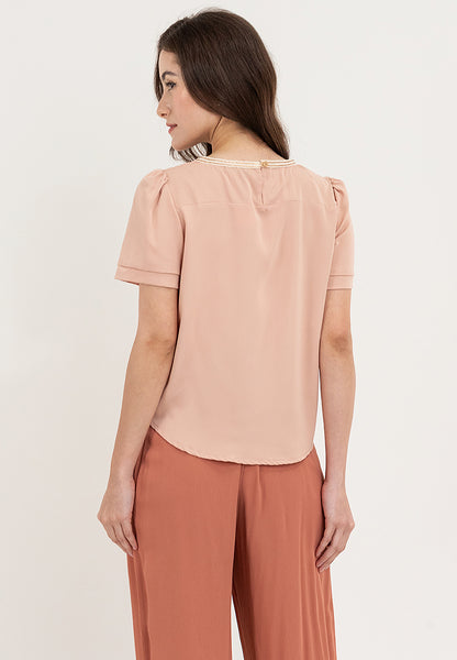 Krizia Casual Cut Out Keyhole Pleated Ribbing Round Neck Blouse Tops