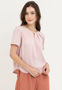 Krizia Casual Cut Out Keyhole Pleated Ribbing Round Neck Blouse Tops