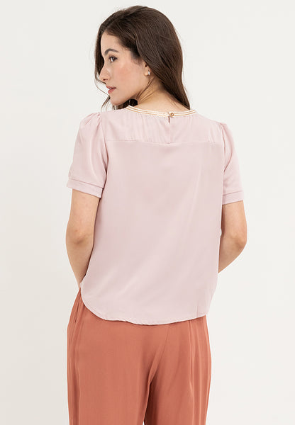 Krizia Casual Cut Out Keyhole Pleated Ribbing Round Neck Blouse Tops