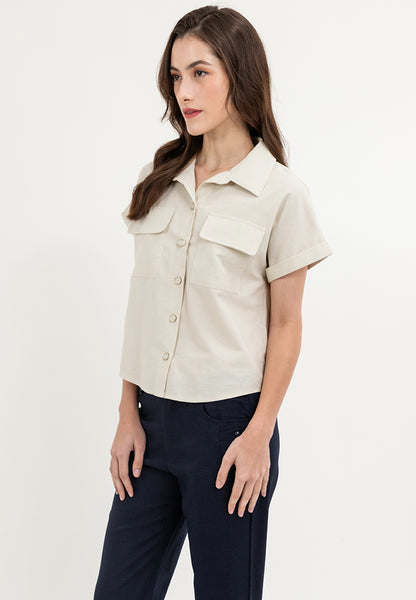 Krizia Crumpled Cotton Button Down Collared Blouse