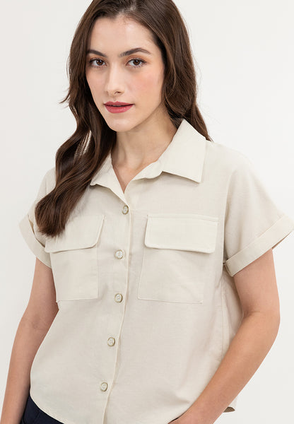 Krizia Crumpled Cotton Button Down Collared Blouse