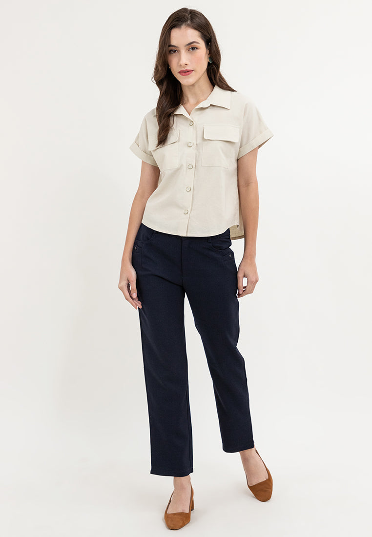 Krizia Crumpled Cotton Button Down Collared Blouse