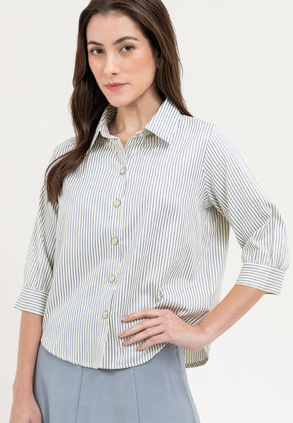 Krizia Button Down Collared 3/4 Long Sleeve Blouse Top