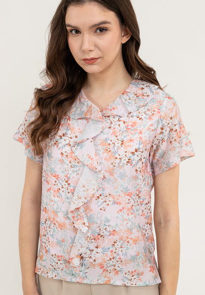 Krizia Ruffled Trim V-Neck Blouse Top