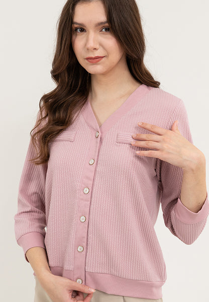 Krizia Textured V-Neckline Button Down Ribb Cuff and Hem Cardigan