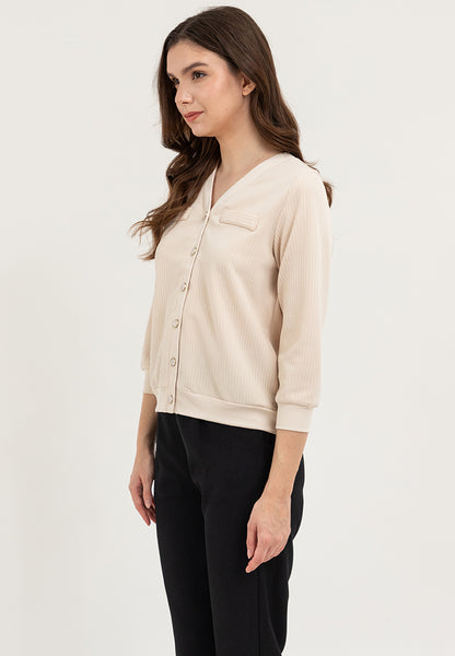 Krizia Textured V-Neckline Button Down Ribb Cuff and Hem Cardigan