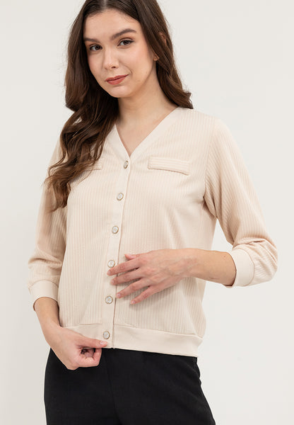 Krizia Textured V-Neckline Button Down Ribb Cuff and Hem Cardigan