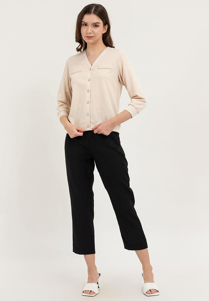 Krizia Textured V-Neckline Button Down Ribb Cuff and Hem Cardigan