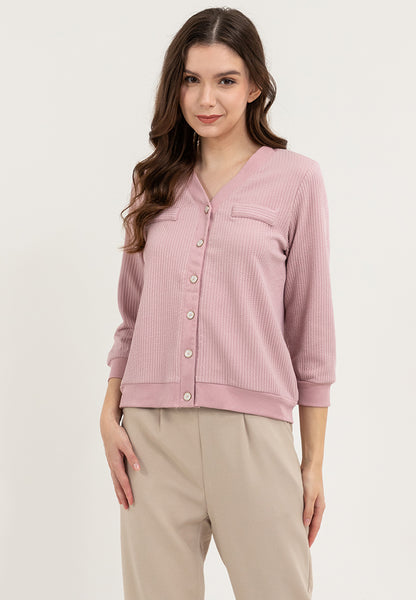 Krizia Textured V-Neckline Button Down Ribb Cuff and Hem Cardigan