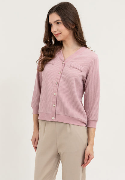 Krizia Textured V-Neckline Button Down Ribb Cuff and Hem Cardigan