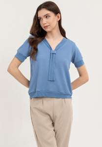 Krizia Textured Fabric V-neck Decorative Tie Detail Blouse Top