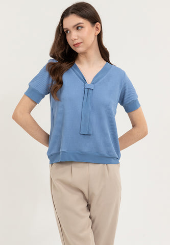 Krizia Textured Fabric V-neck Decorative Tie Detail Blouse Top