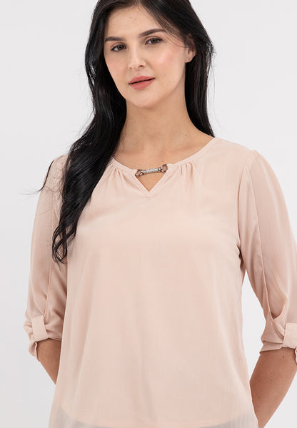 Krizia 3/4 Statement Sleeve Blouse Top with Neck Detail