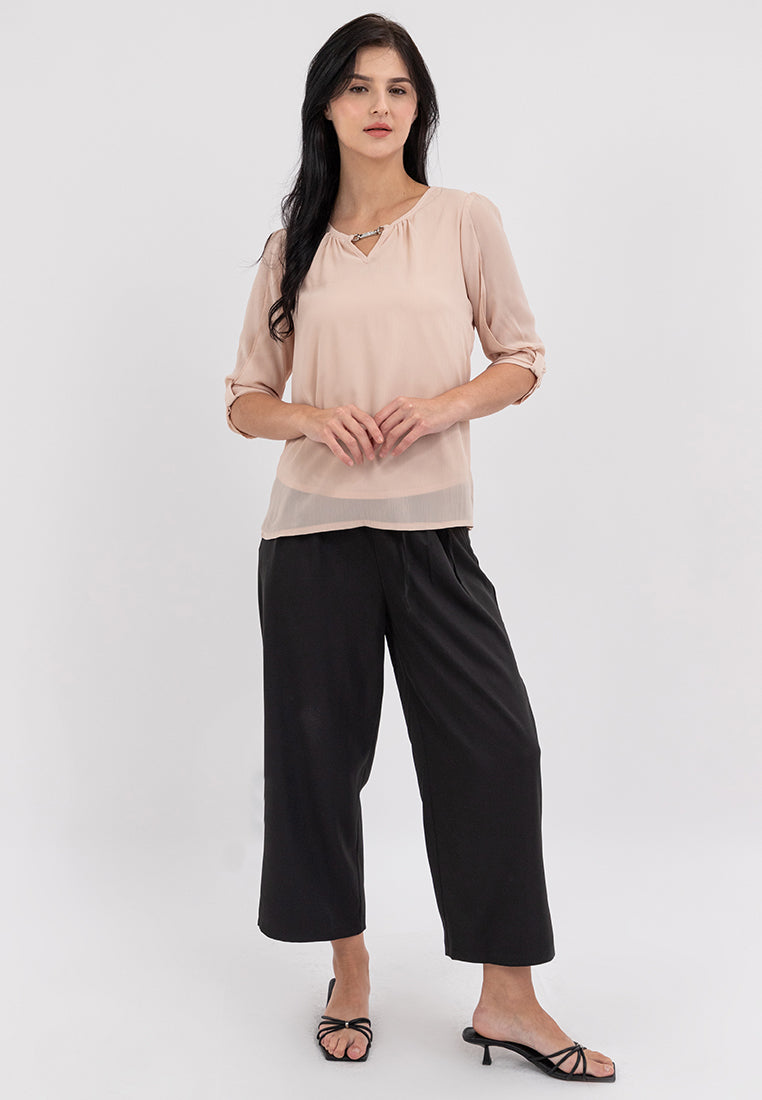 Krizia 3/4 Statement Sleeve Blouse Top with Neck Detail