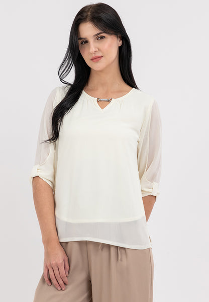 Krizia 3/4 Statement Sleeve Blouse Top with Neck Detail