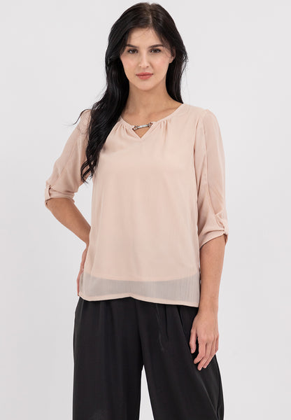 Krizia 3/4 Statement Sleeve Blouse Top with Neck Detail