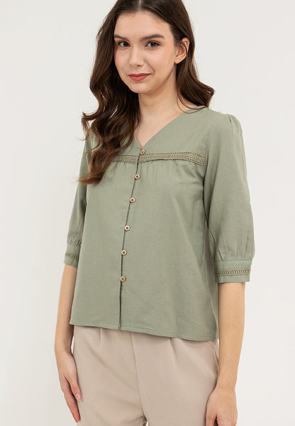 Krizia V-Neck Button Down Lace Trim Linen Blouse Top