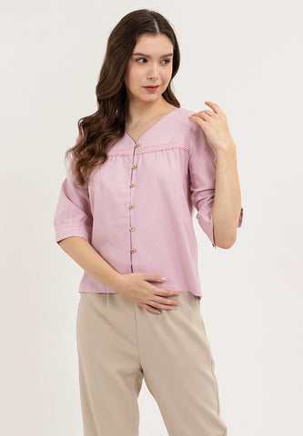 Krizia V-Neck Button Down Lace Trim Linen Blouse Top