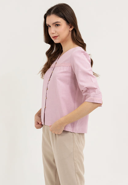 Krizia V-Neck Button Down Lace Trim Linen Blouse Top