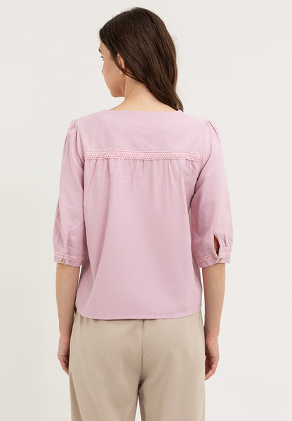 Krizia V-Neck Button Down Lace Trim Linen Blouse Top