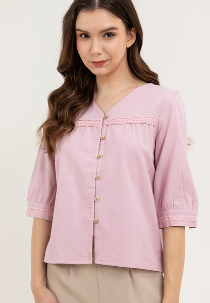 Krizia V-Neck Button Down Lace Trim Linen Blouse Top