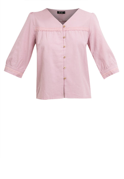 Krizia V-Neck Button Down Lace Trim Linen Blouse Top