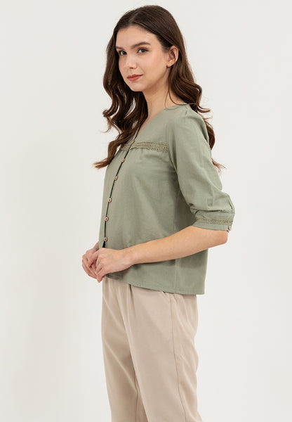 Krizia V-Neck Button Down Lace Trim Linen Blouse Top