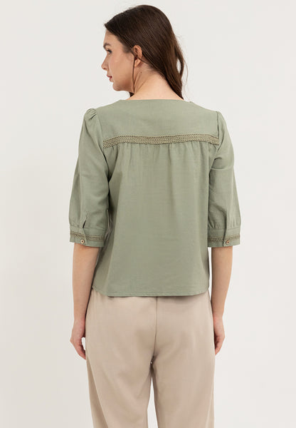 Krizia V-Neck Button Down Lace Trim Linen Blouse Top