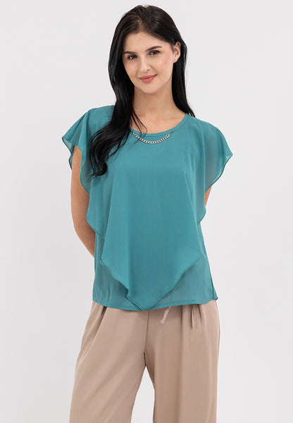 Krizia Flowy Overlay Blouse With Necklace Korean Top