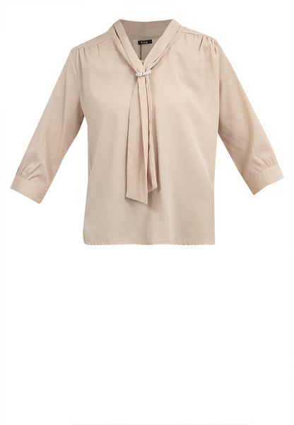 Krizia Quarter Sleeve V-neck Slip-in Tie with Decorative Pearl Blouse Top