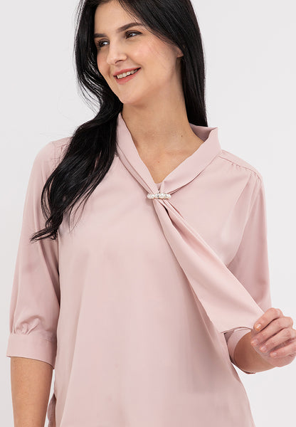 Krizia Quarter Sleeve V-neck Slip-in Tie with Decorative Pearl Blouse Top