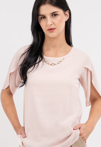 Krizia Overlap Sleeve Flowy Blouse with Necklace