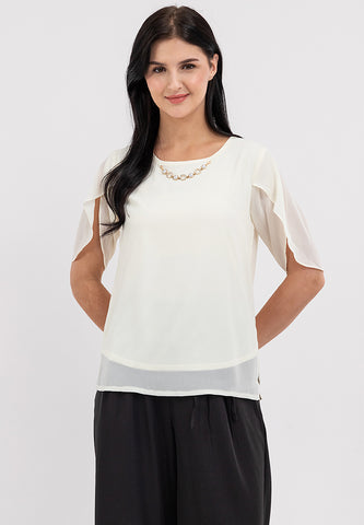 Krizia Overlap Sleeve Flowy Blouse with Necklace