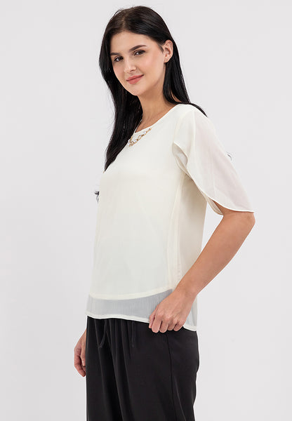 Krizia Overlap Sleeve Flowy Blouse with Necklace