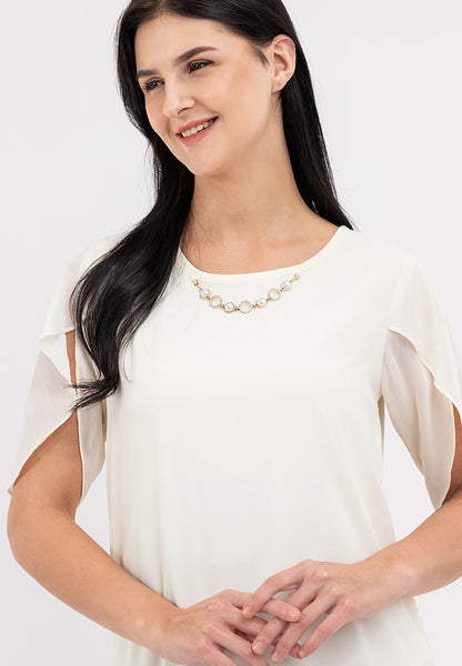 Krizia Overlap Sleeve Flowy Blouse with Necklace