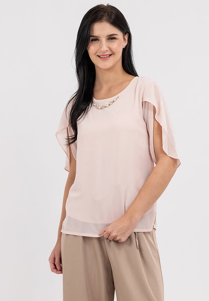 Krizia Overlap Sleeve Flowy Blouse with Necklace