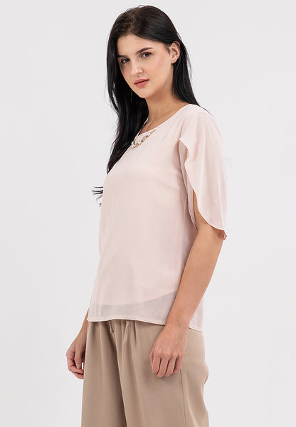 Krizia Overlap Sleeve Flowy Blouse with Necklace