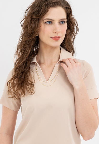 Krizia Collared V-Neck Blouse Top with Decorative Necklace